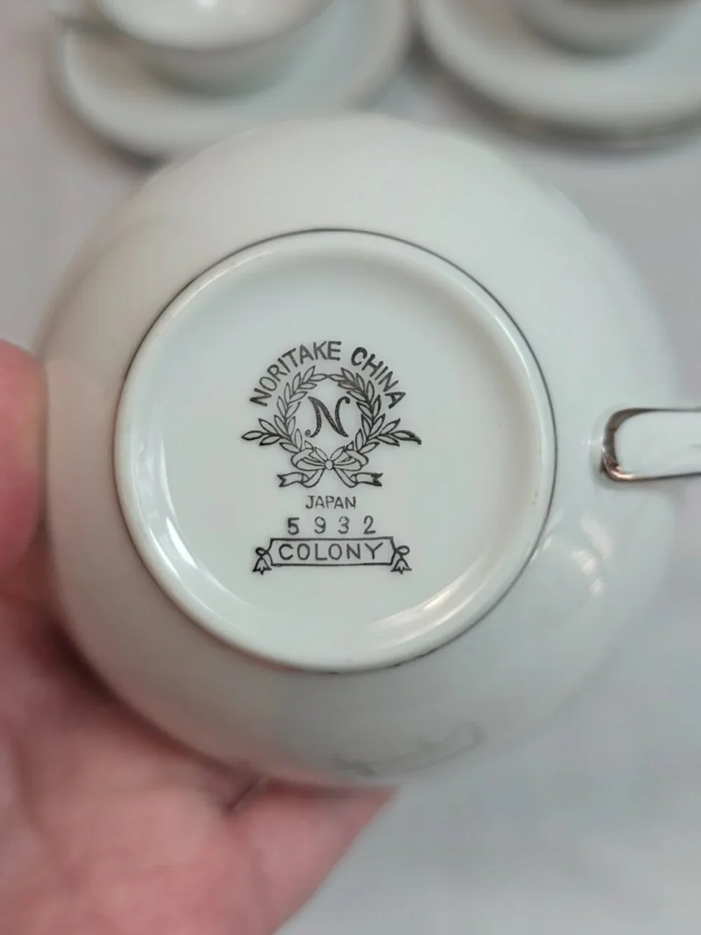 FOUR Noritake Colony Cup & Saucer Sets White Coupe Shape Platinum Trim